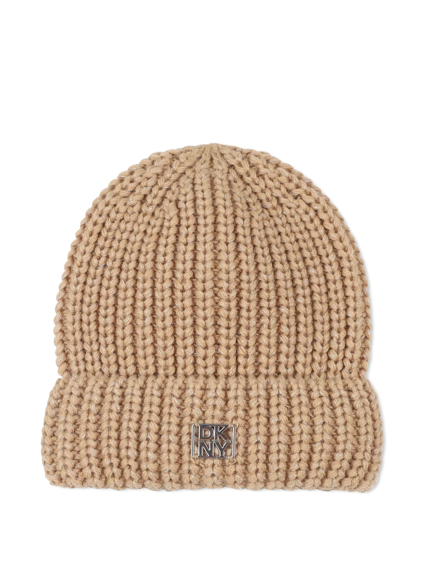 DKNY TAN RIBBED KNIT LOGO BEANIE