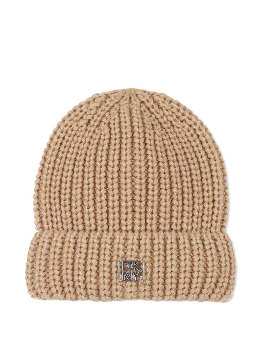 DKNY TAN RIBBED KNIT LOGO BEANIE