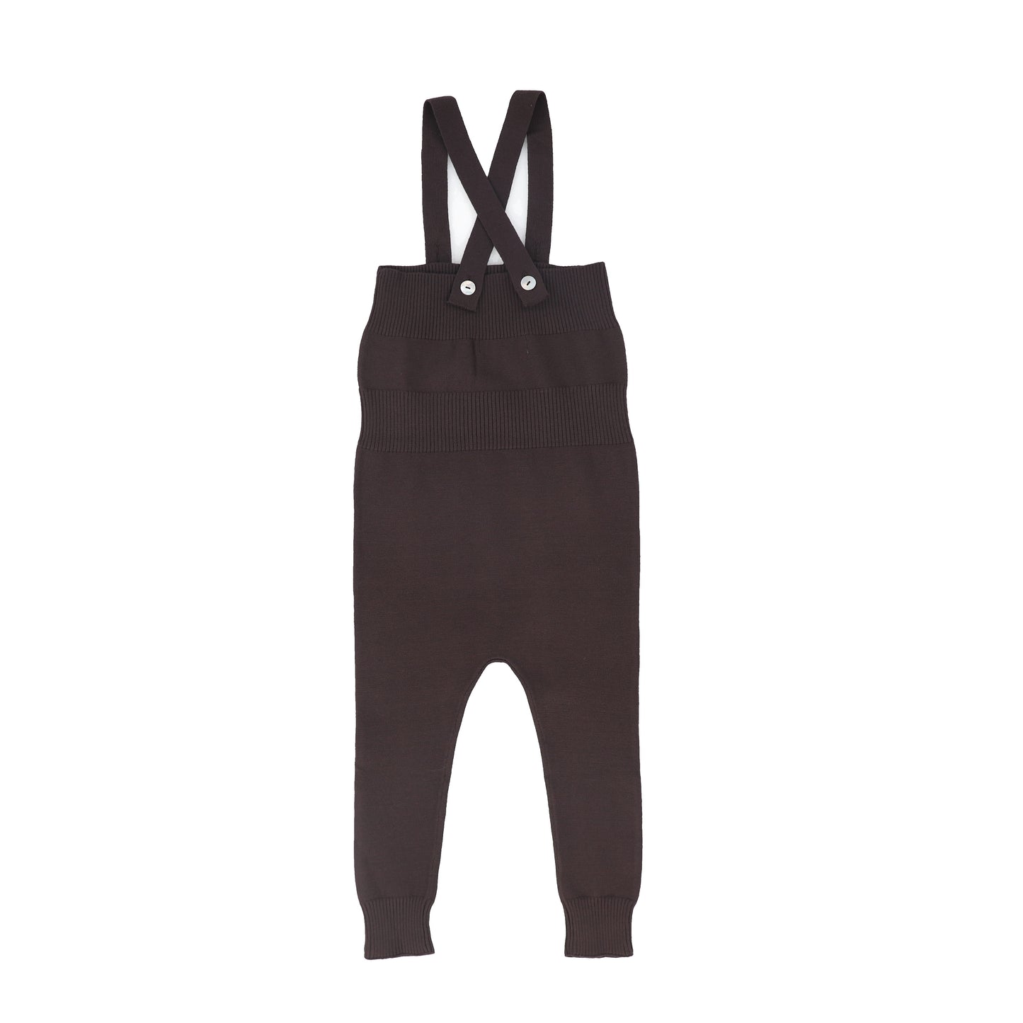 LE BOURDON BROWN RIB KNIT SUSPENDER OVERALLS