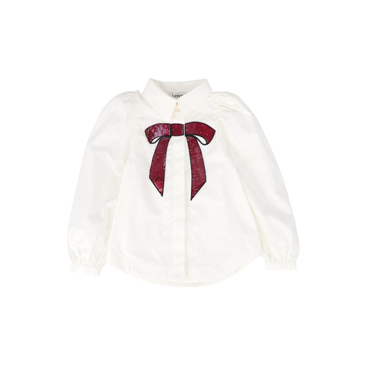 LANVIN WHITE/PINK SEQUINS BOW PUFF SLEEVE BLOUSE