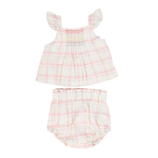 TARTINE ET CHOCOLAT LIGHT PINK PLAID SMOCKED ROMPER [FINAL SALE]