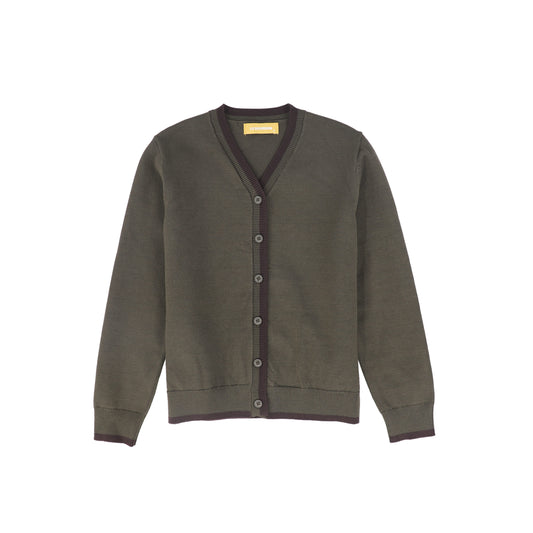 LE BOURDON OLIVE V-NECK TRIM CARDIGAN