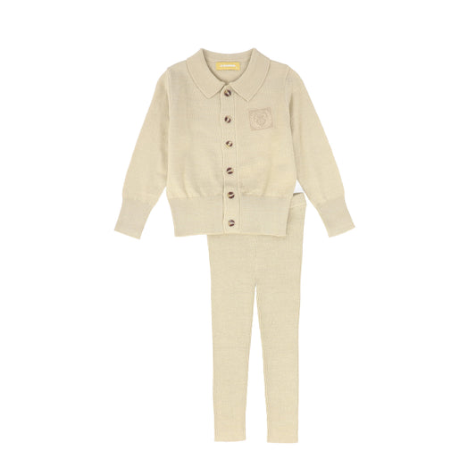 LE BOURDON BEIGE LOGO COLLARED CARDIGAN SET
