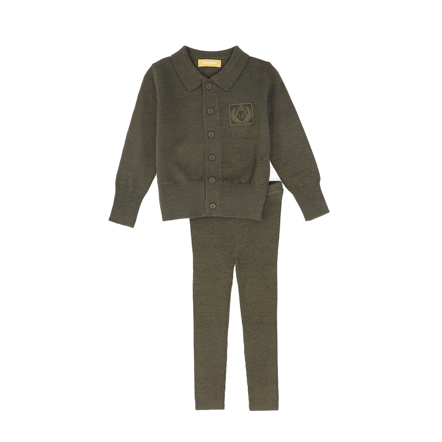 LE BOURDON OLIVE LOGO COLLARED CARDIGAN SET