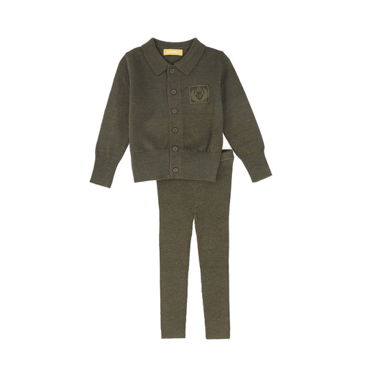 LE BOURDON OLIVE LOGO COLLARED CARDIGAN SET
