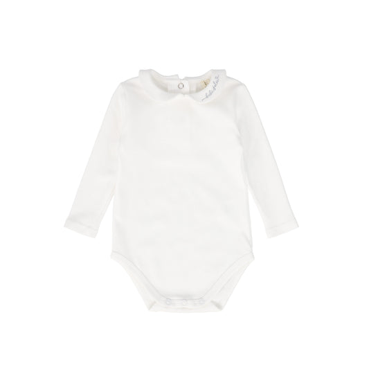 BEBE JOLEE WHITE/BLUE EMBROIDERED COLLAR ONESIE