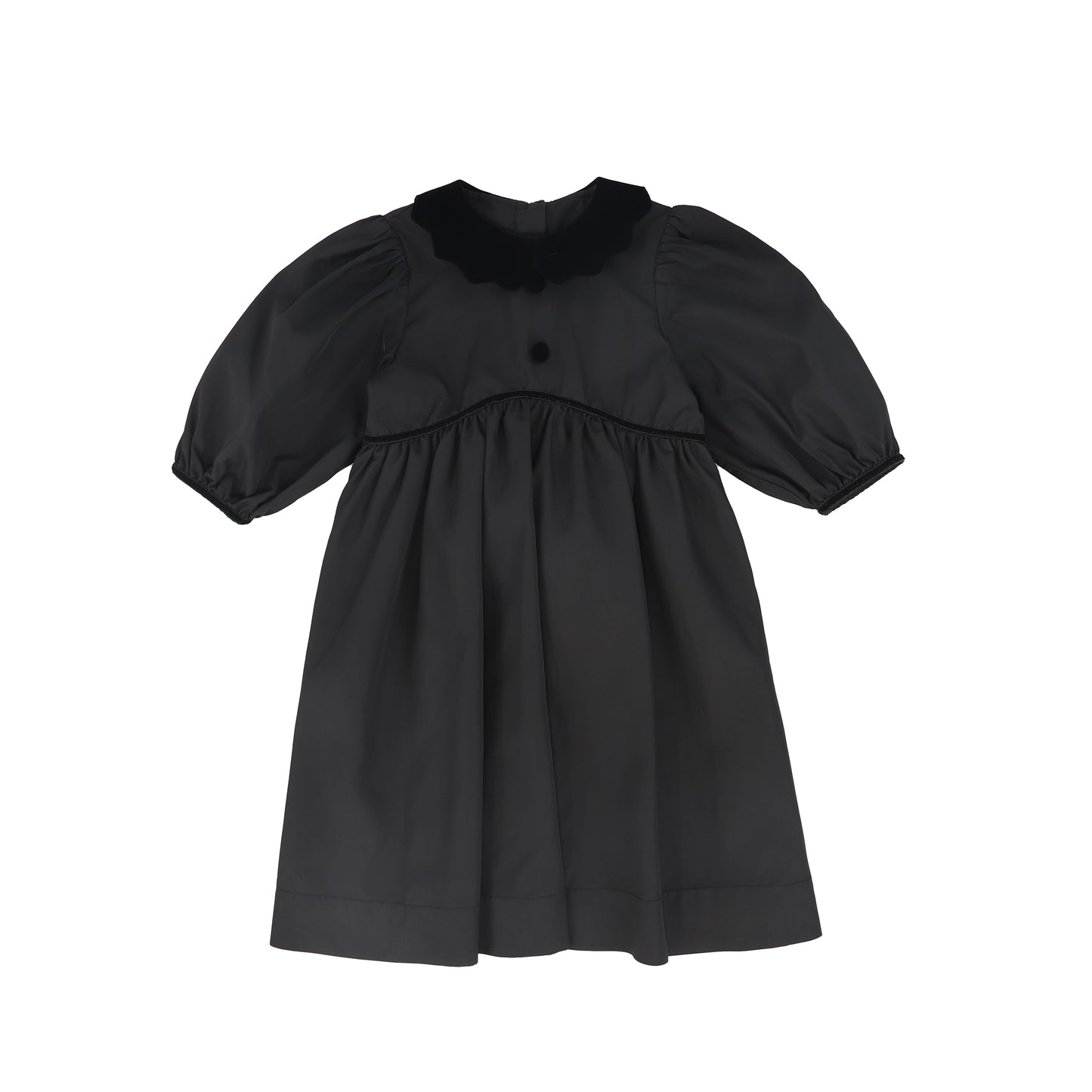 BAMBOO BLACK TAFFETA VELVET COLLAR PUFF SLEEVE DRESS