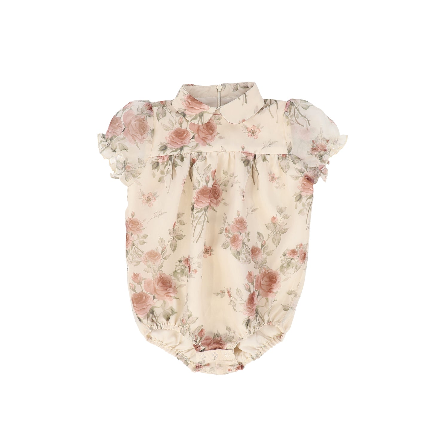 FRANCESCA GUILIANO PINK FLORAL ORGANZA PUFF SLEEVE ROMPER