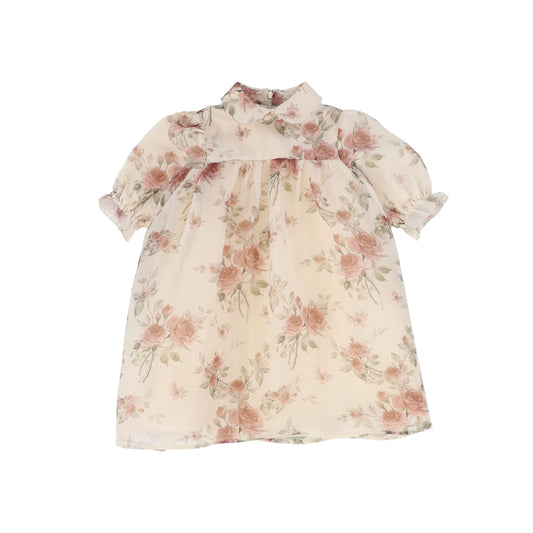 FRANCESCA GUILIANO PINK FLORAL ORGANZA 3/4 PUFF SLEEVE DRESS