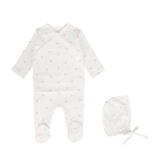 BEBE ORGANIC WHITE/PINK CHERRY FOOTIE + BONNET