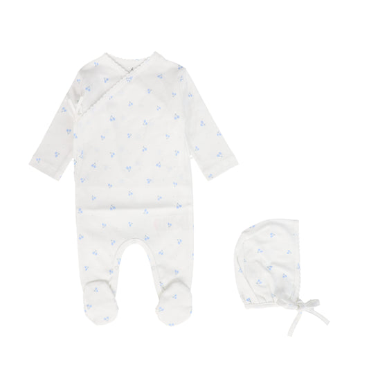 BEBE ORGANIC WHITE/BLUE CHERRY PRINT FOOTIE + BONNET