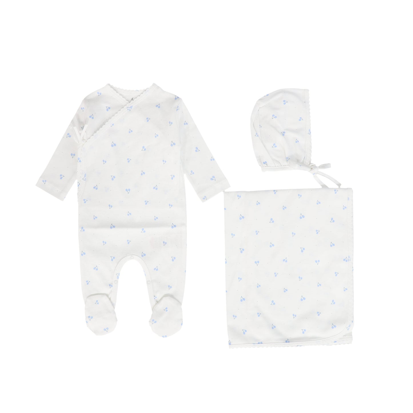 BEBE ORGANIC WHITE/BLUE CHERRY PRINT SET