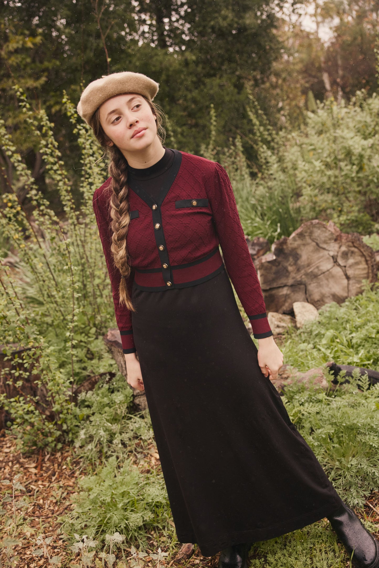 PASHMINI BURGUNDY JACQUARD OVERLAY MAXI DRESS