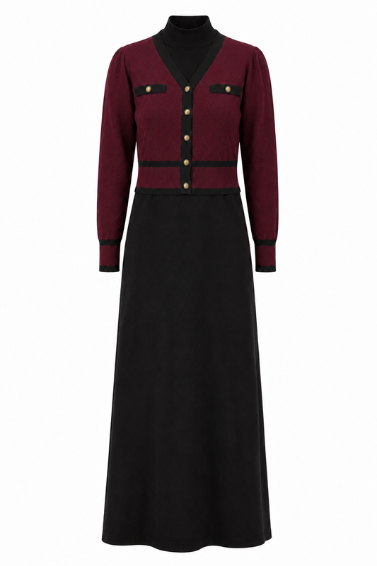 PASHMINI BURGUNDY JACQUARD OVERLAY MAXI DRESS
