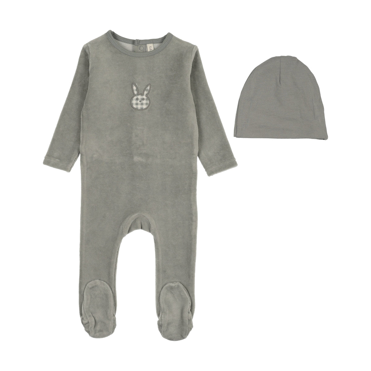 LILETTE PALE BLUE VELOUR GINGHAM BUNNY FOOTIE SET