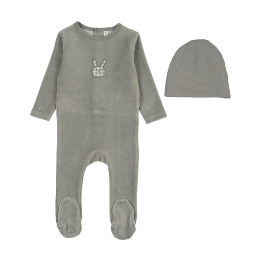 LILETTE PALE BLUE VELOUR GINGHAM BUNNY FOOTIE SET
