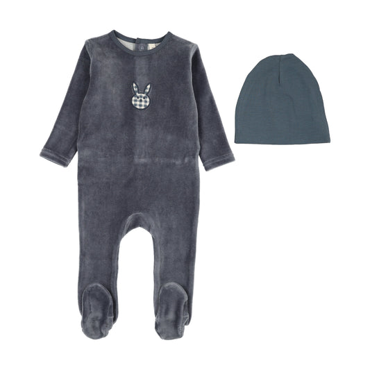 LILETTE OFF NAVY VELOUR GINGHAM BUNNY FOOTIE SET