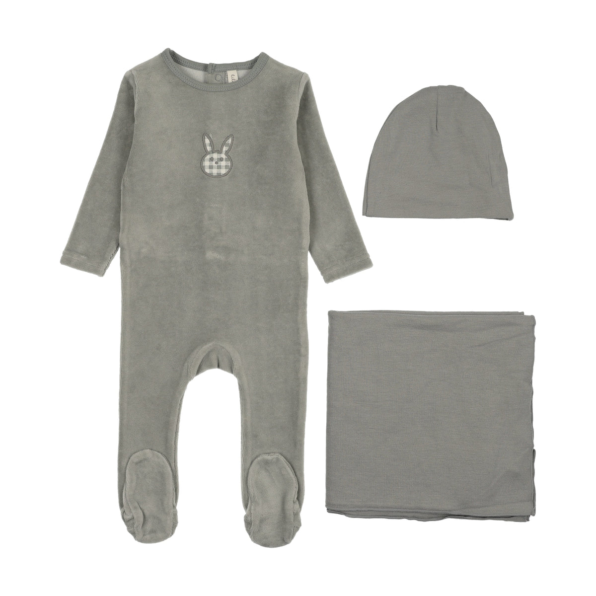 LILETTE PALE BLUE VELOUR GINGHAM BUNNY LAYETTE SET