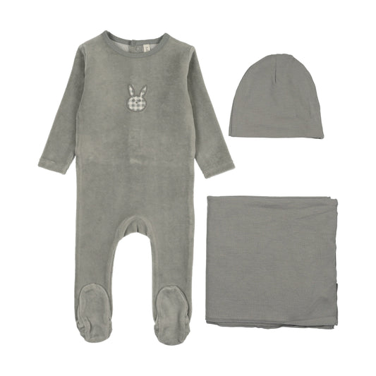LILETTE PALE BLUE VELOUR GINGHAM BUNNY LAYETTE SET