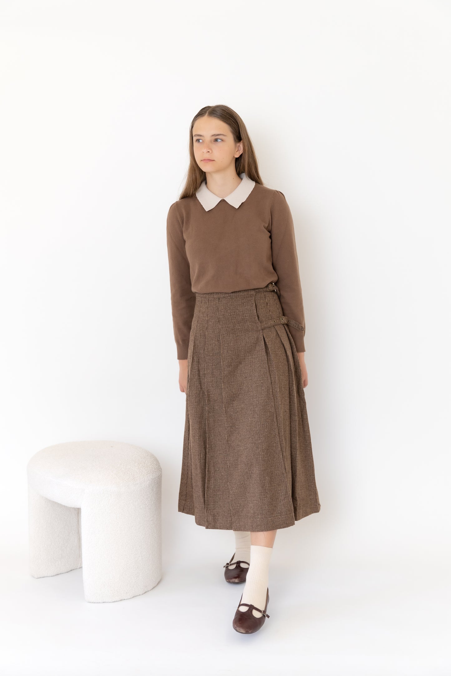 NOUNELLE BROWN PLAID PLEATED BUCKLE SKIRT