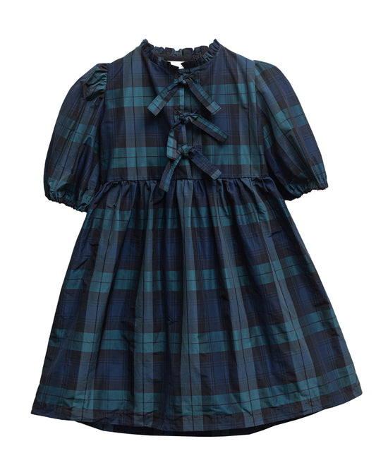 COSMOSOPHIE BLUE/GREEN CHECKED PUFF SLEEVE DRESS [FINAL SALE]