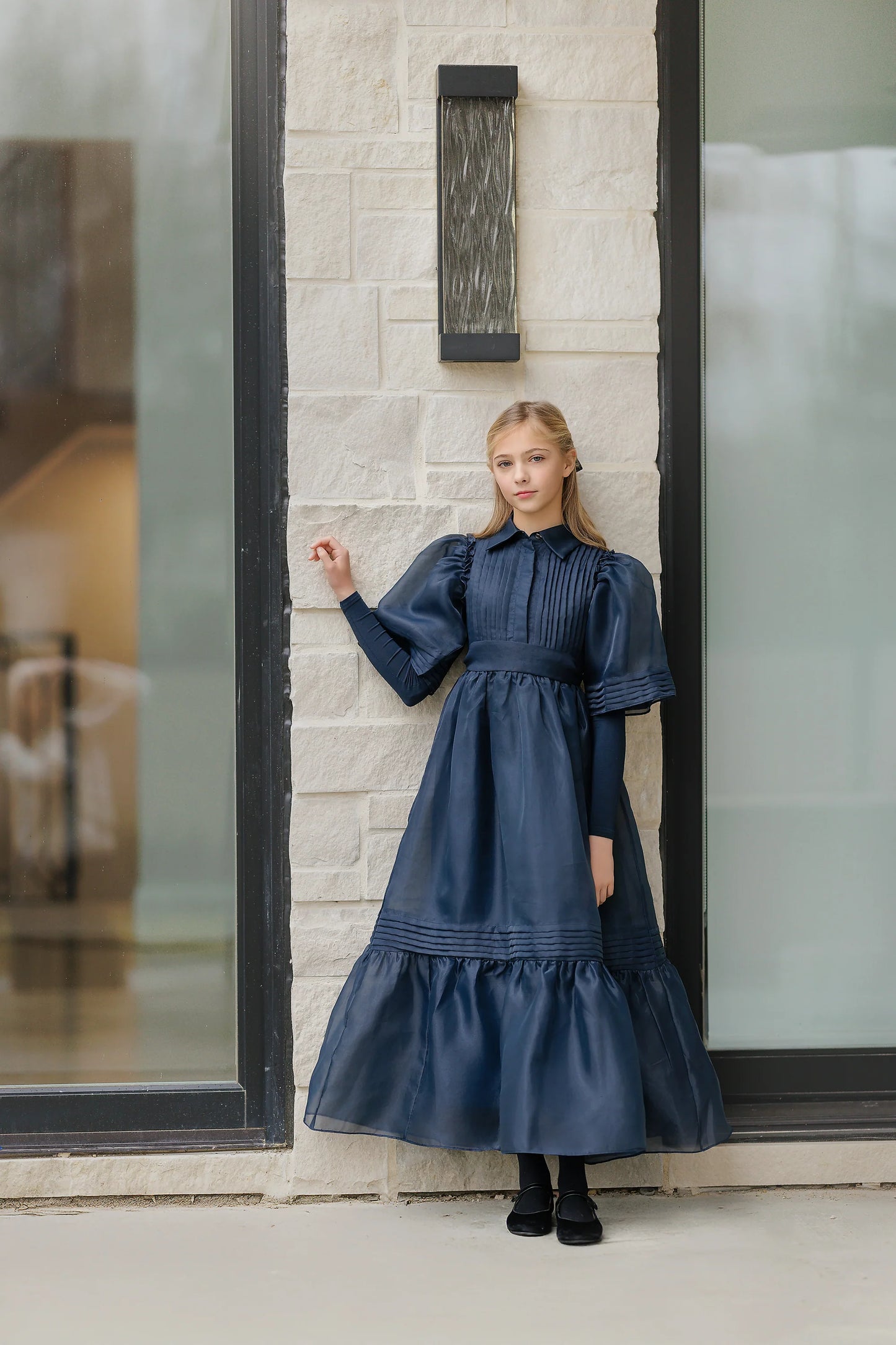 VELVETTE LABEL BLUE ORGANZA PUFF SLEEVE MAXI DRESS