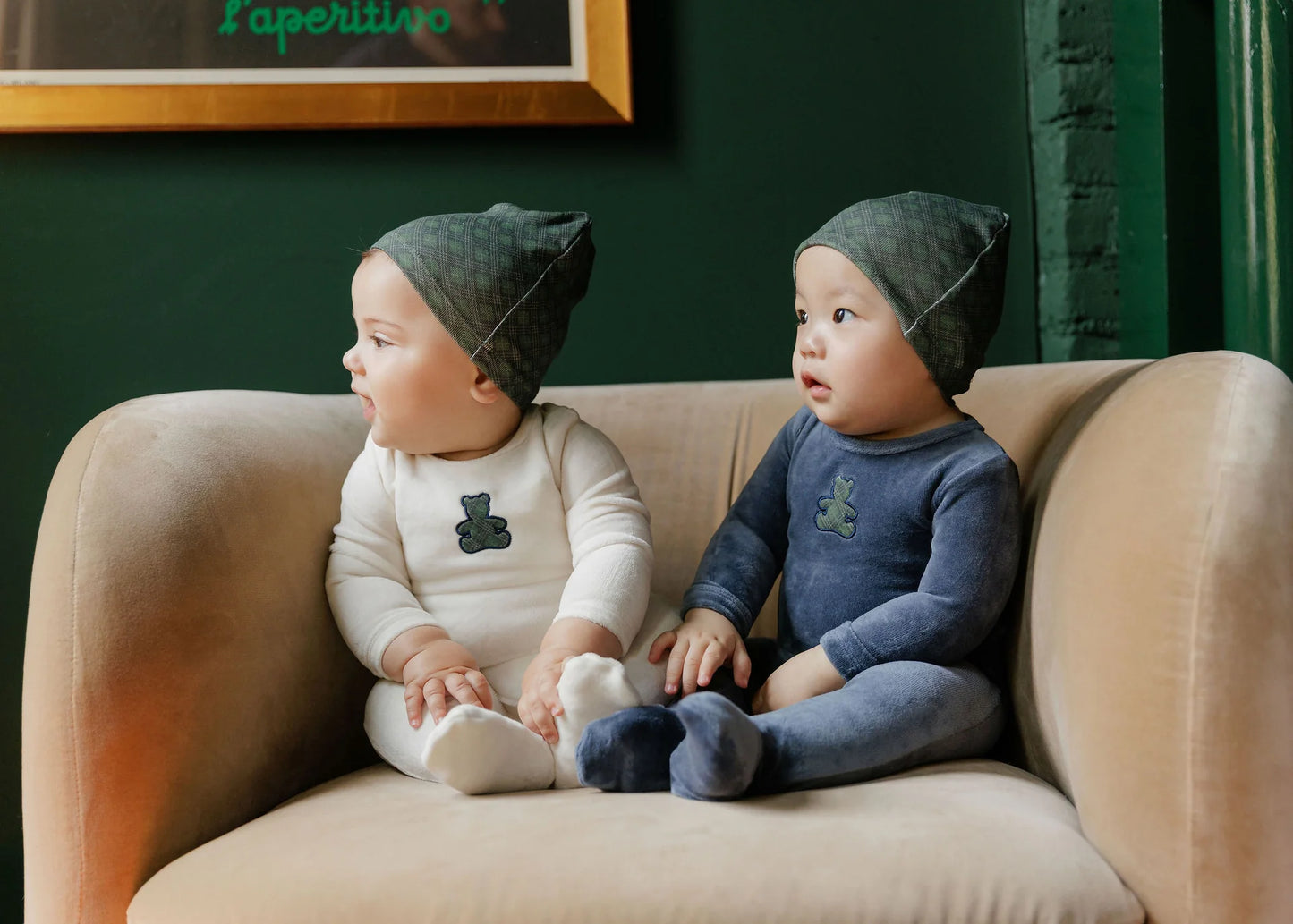 ELY'S & CO BLUE VELOUR PLAID BEAR FOOTIE + BEANIE