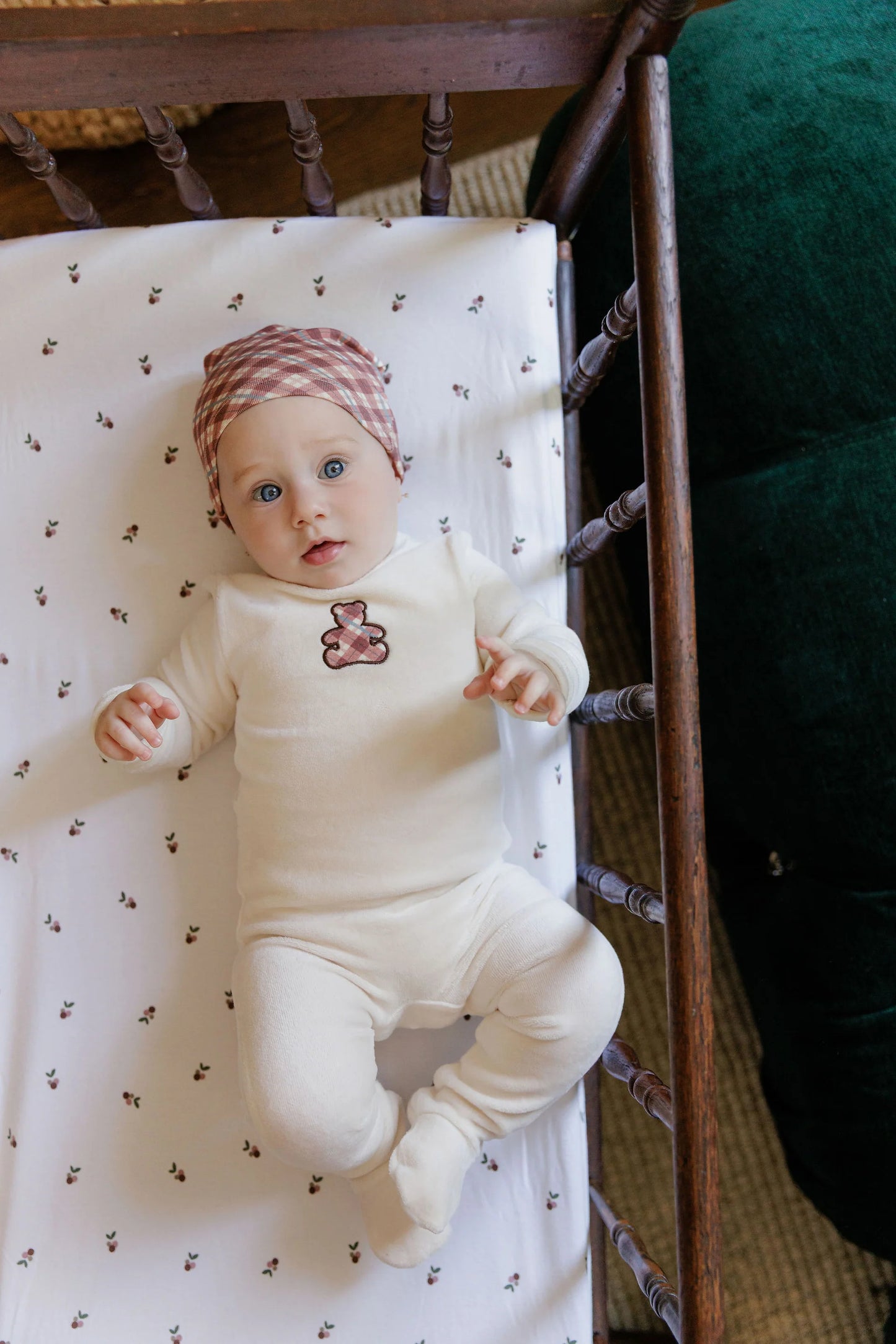 ELY'S & CO IVORY/PINK VELOUR PLAID BEAR FOOTIE + BEANIE