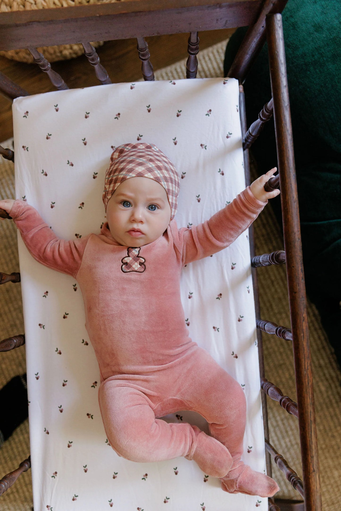 ELY'S & CO PINK VELOUR PLAID BEAR FOOTIE + BEANIE
