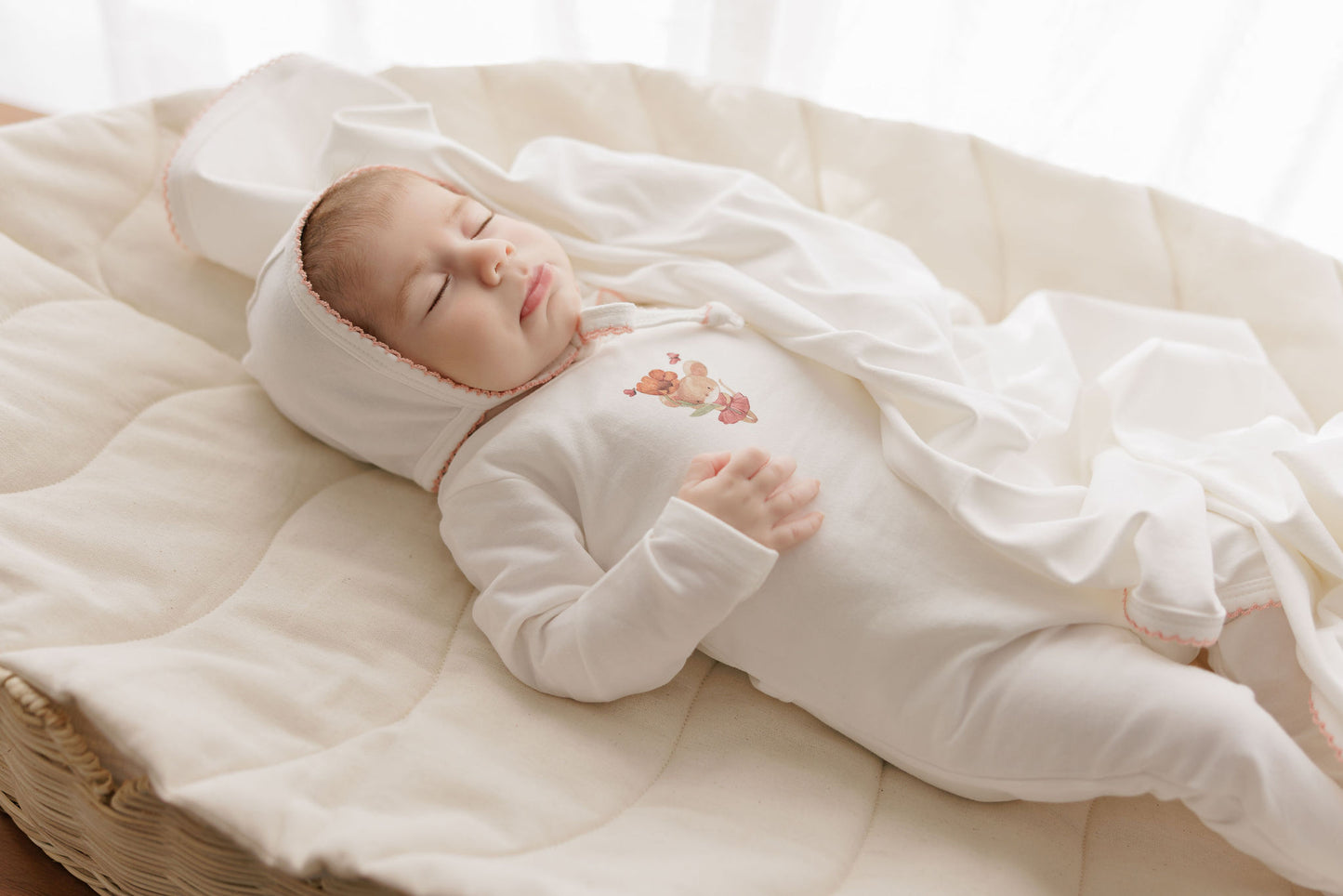 ELYS & CO IVORY/PINK FRENCH TERRY FOOTIE + BONNET