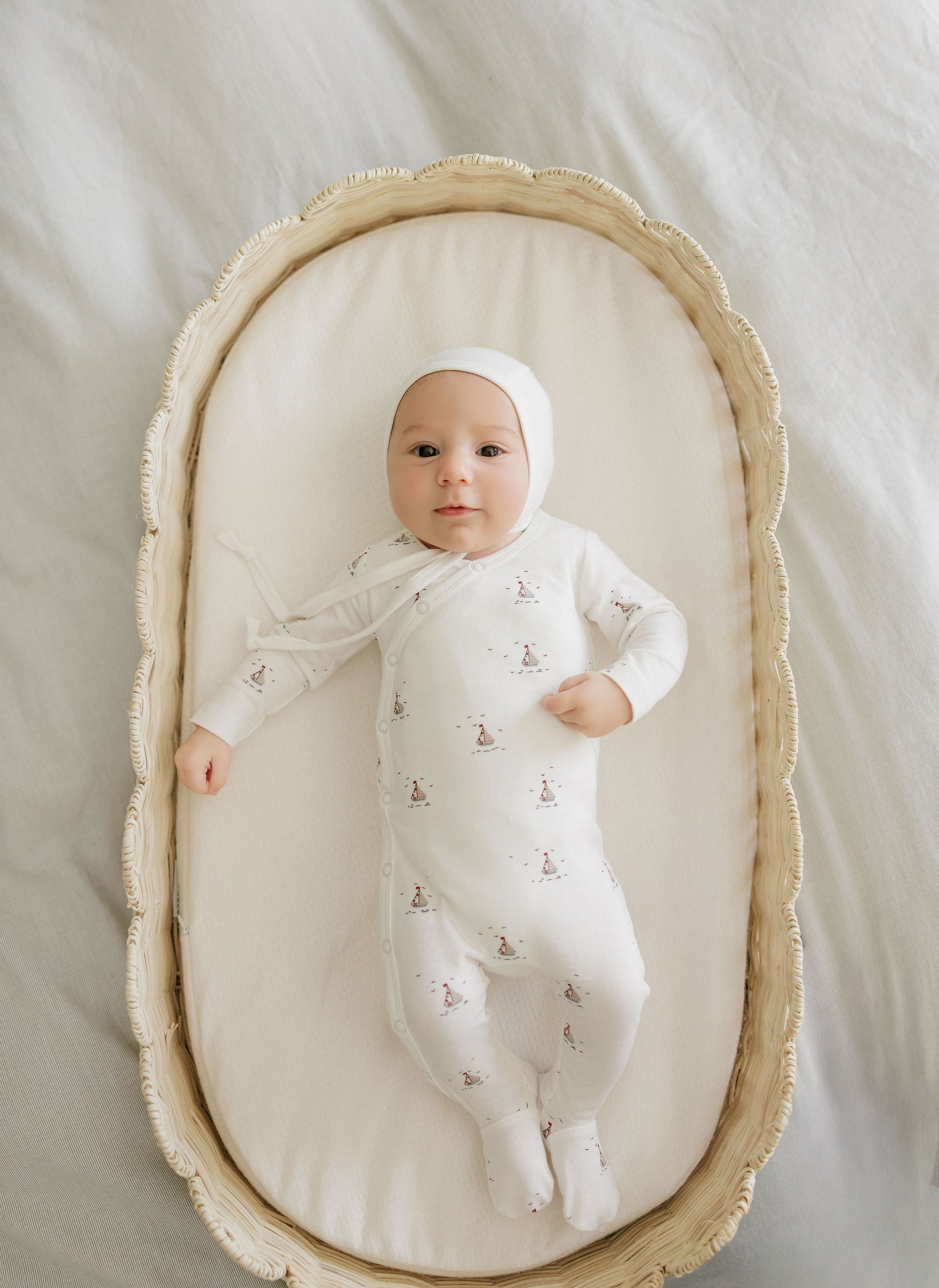 AURORA IVORY/BLUE NAUTICAL FOOTIE + BONNET