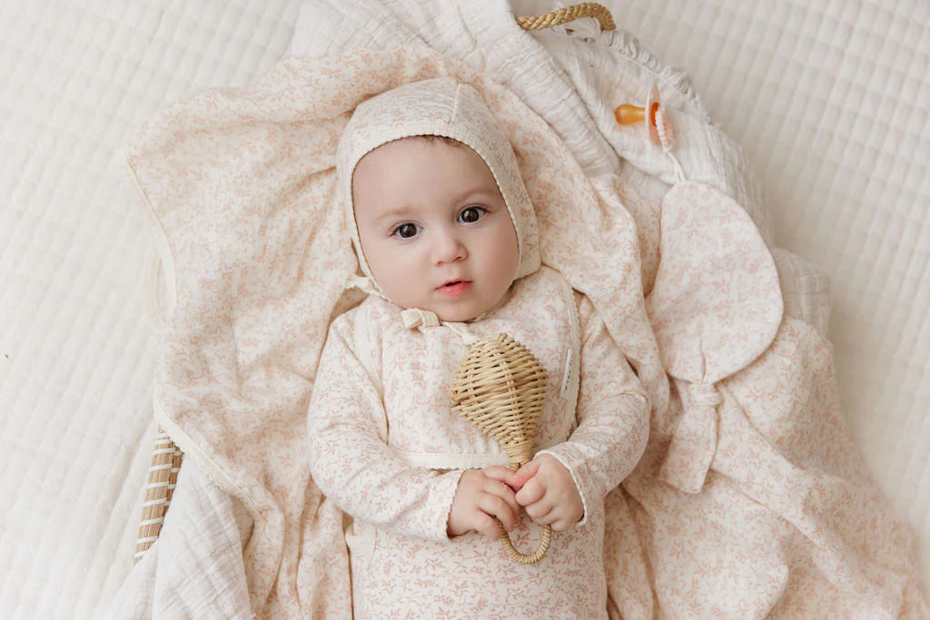 ELY'S & CO IVORY/PINK VINE FOOTIE + BONNET