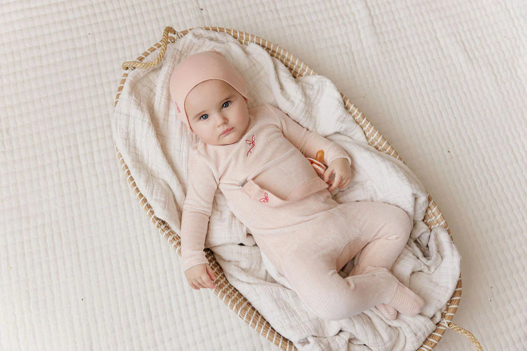 ELY'S & CO LIGHT PINK VELOUR STRIPE FOOTIE + BEANIE