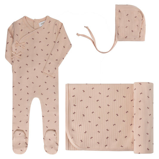 AURORA PINK POINTELLE BOW PRINT LAYETTE SET