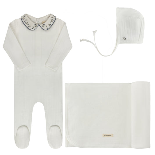 ELYS & CO IVORY/BLUE FLORAL EMBROIDERED LAYETTE SET