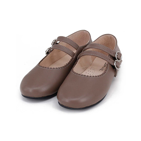 CAMILLE KIDS CHOCOLATE BROWN SCALLOP TRIM DOUBLE BUCKLE SHOE
