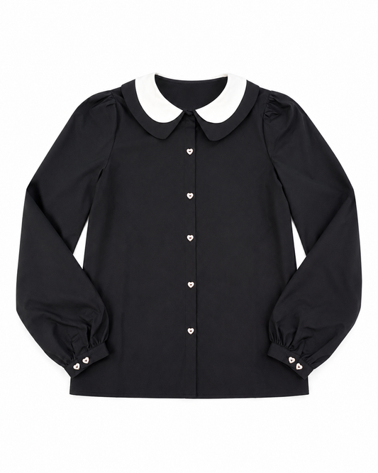 LITTLE TEMPEST BLACK DOUBLE COLLAR TAFFETA BLOUSE