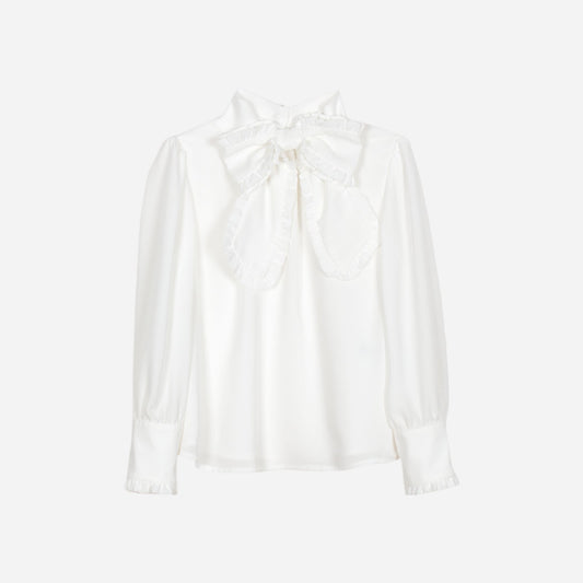 PATACHOU WHITE RUFFLE TRIM BOW BLOUSE