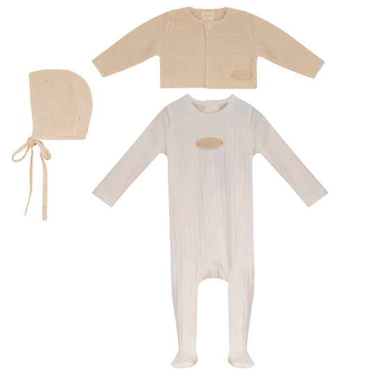BUBANI BABY BEIGE KNIT CARDIGAN/FOOTIE SET