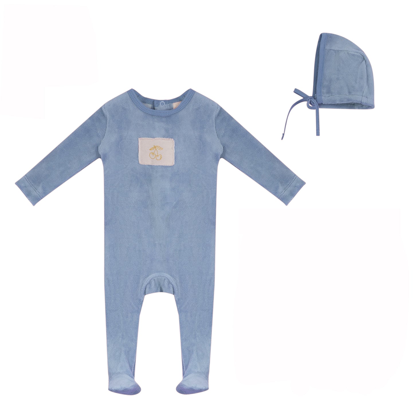BUBANI BABY BLUE VELOUR CHERRY FOOTIE SET