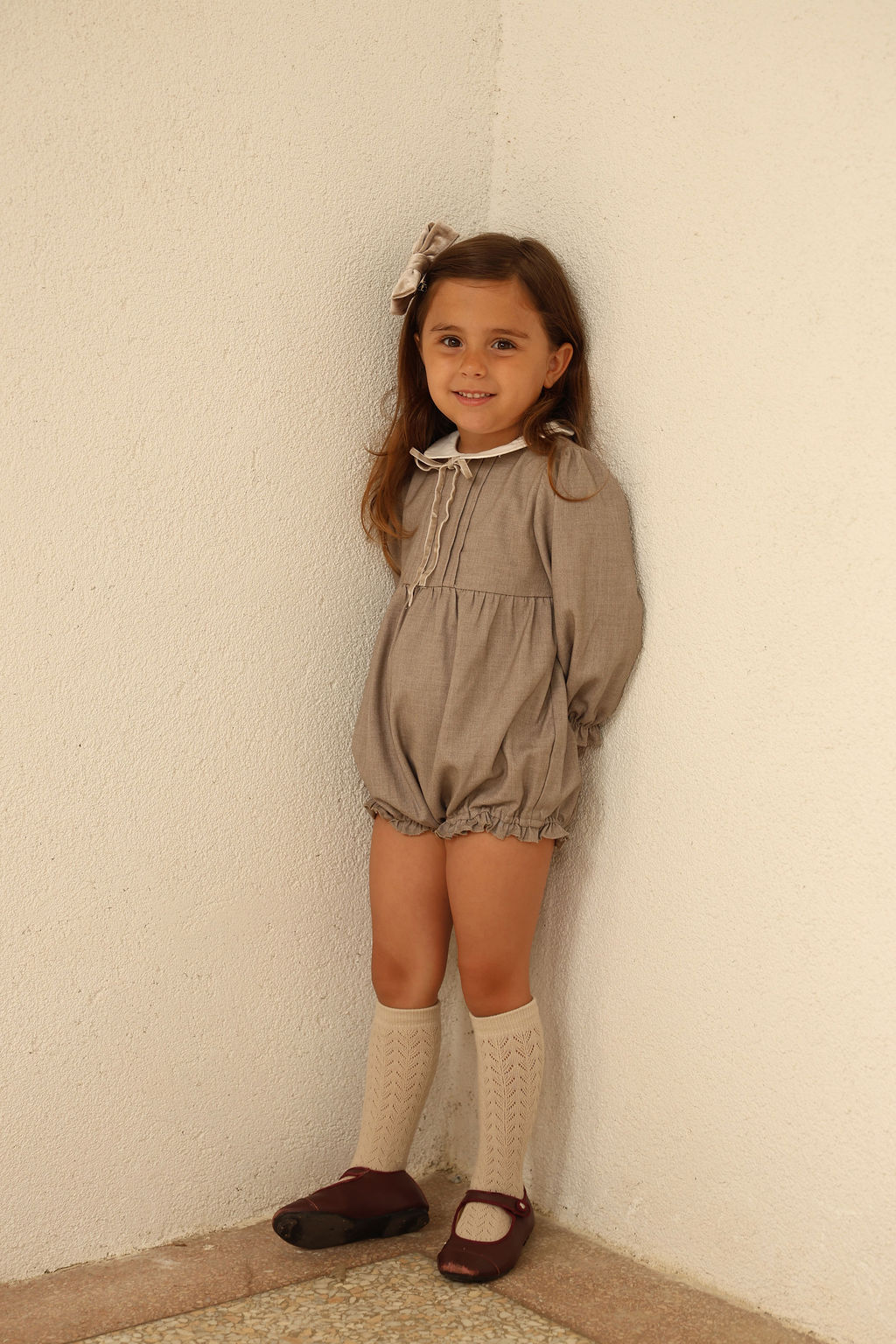 BAMBOO BEIGE WOOL COLLAR PLEAT FRONT ROMPER