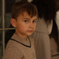 BAMBOO BEIGE CABLE-KNIT STRIPE TRIM SWEATER