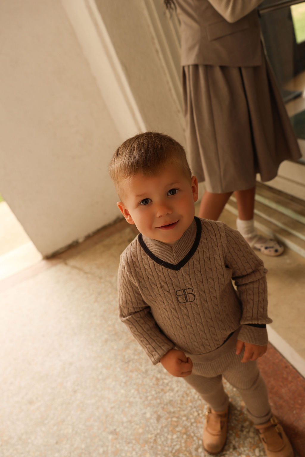BAMBOO BEIGE CABLE-KNIT STRIPE TRIM SWEATER SET