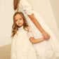 FRANCESCA GUILIANO IVORY FLOWER TEXTURED ORGANZA PUFF SLEEVE GOWN