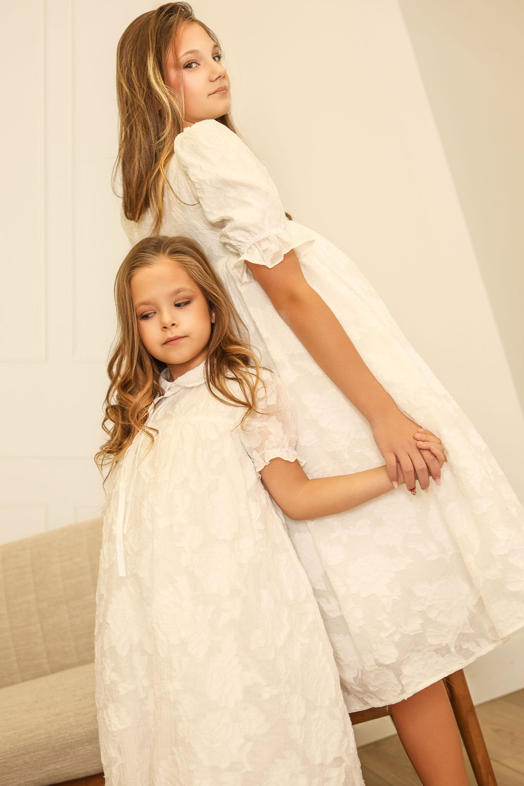 FRANCESCA GUILIANO IVORY FLOWER TEXTURED ORGANZA PUFF SLEEVE DRESS [FINAL SALE]