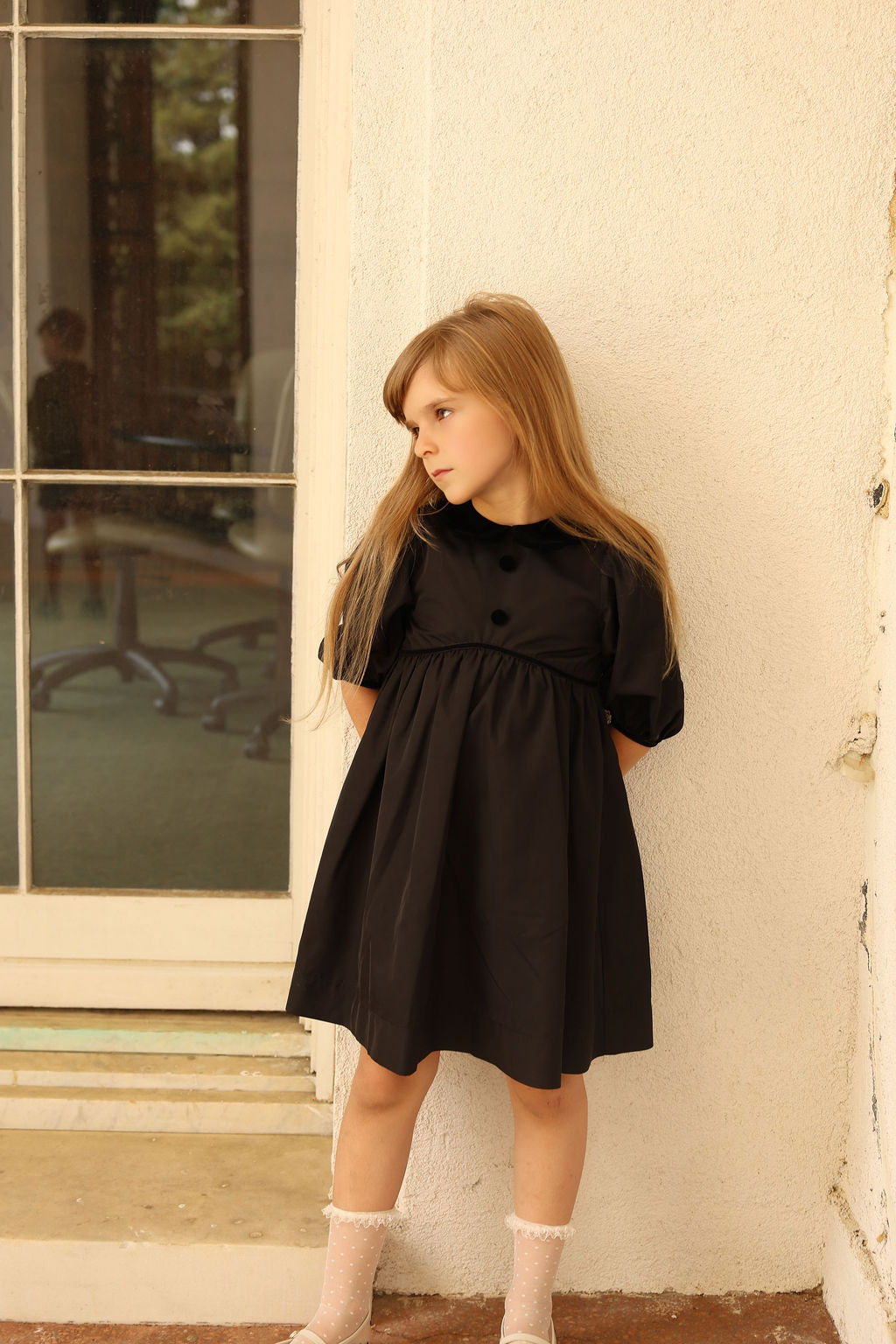 BAMBOO BLACK TAFFETA VELVET COLLAR PUFF SLEEVE 3/4 SLEEVE DRESS
