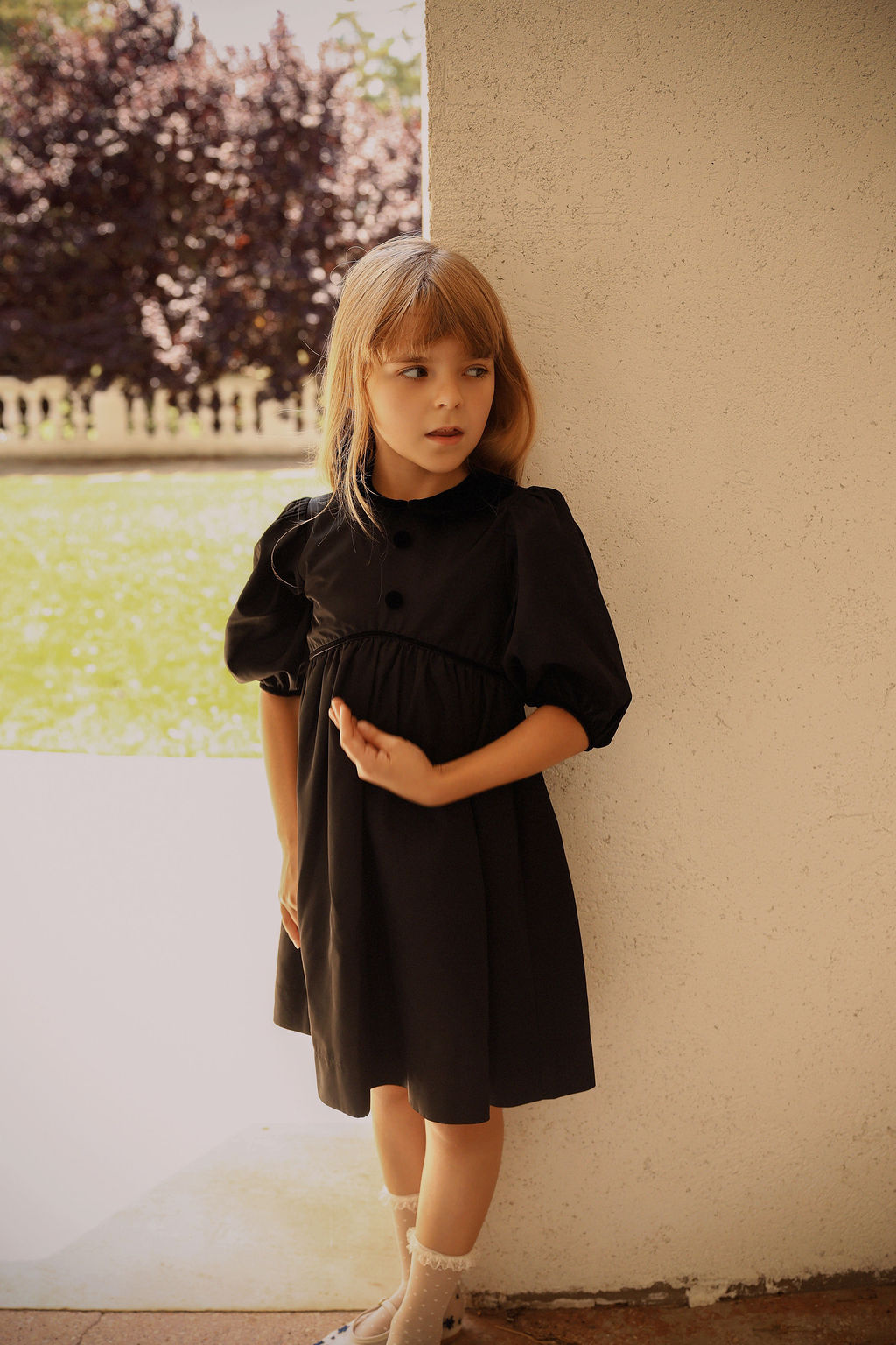 BAMBOO BLACK TAFFETA VELVET COLLAR PUFF SLEEVE 3/4 SLEEVE DRESS