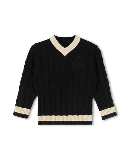 HARPER JAMES BLACK CHUNKY CABLE KNIT EMBLEM SWEATER