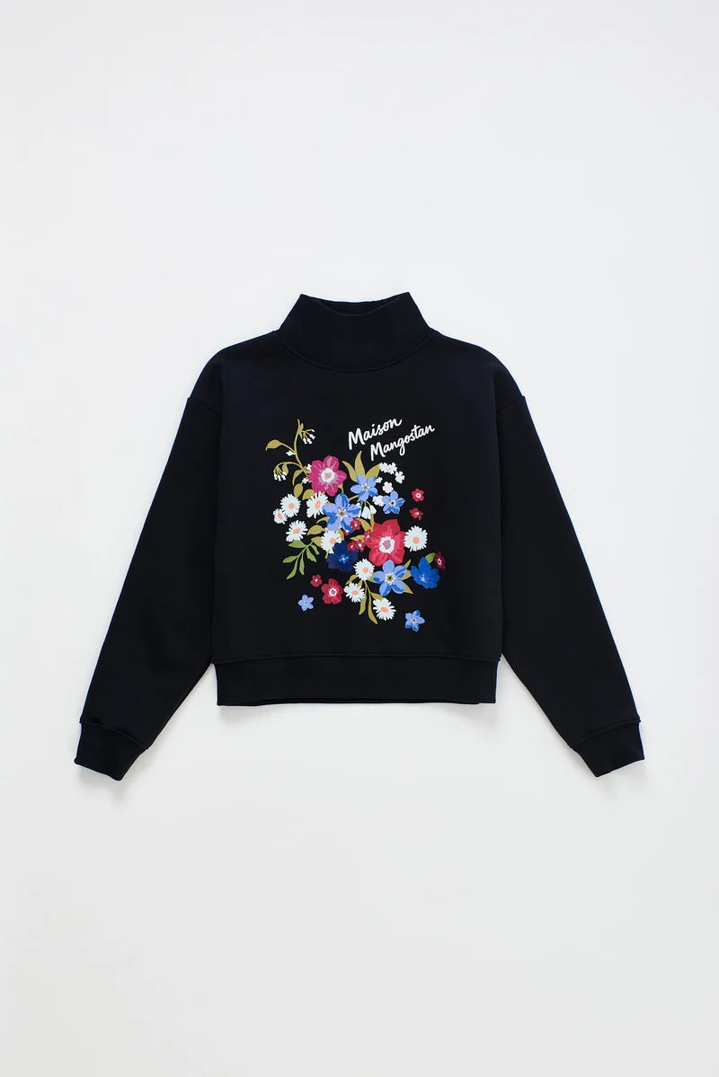 MAISON MANGOSTAN BLACK EMBROIDERED FLORAL TURTLENECK SWEATER