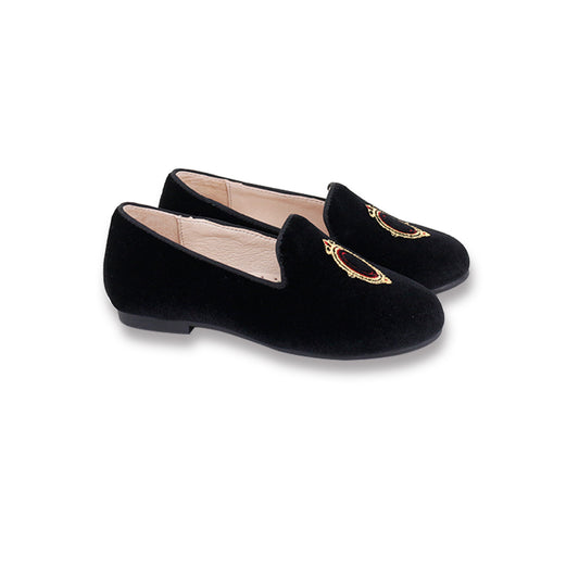 CAMILLE BLACK VELVET EMBLEM SHOES